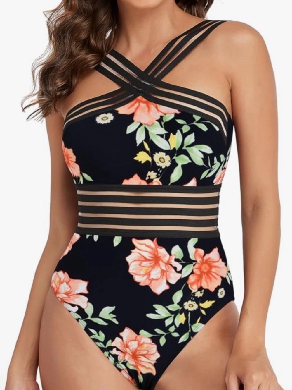 HILOR Floral Crisscross MESH Black One-Piece PLUS SIZE XXL Swimsuit NEW TAGS